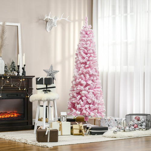 6 FT Snow Flocked Artificial Christmas Tree, Pencil Xmas Tree with Realistic Branches, Auto Open and Steel Base, Pink