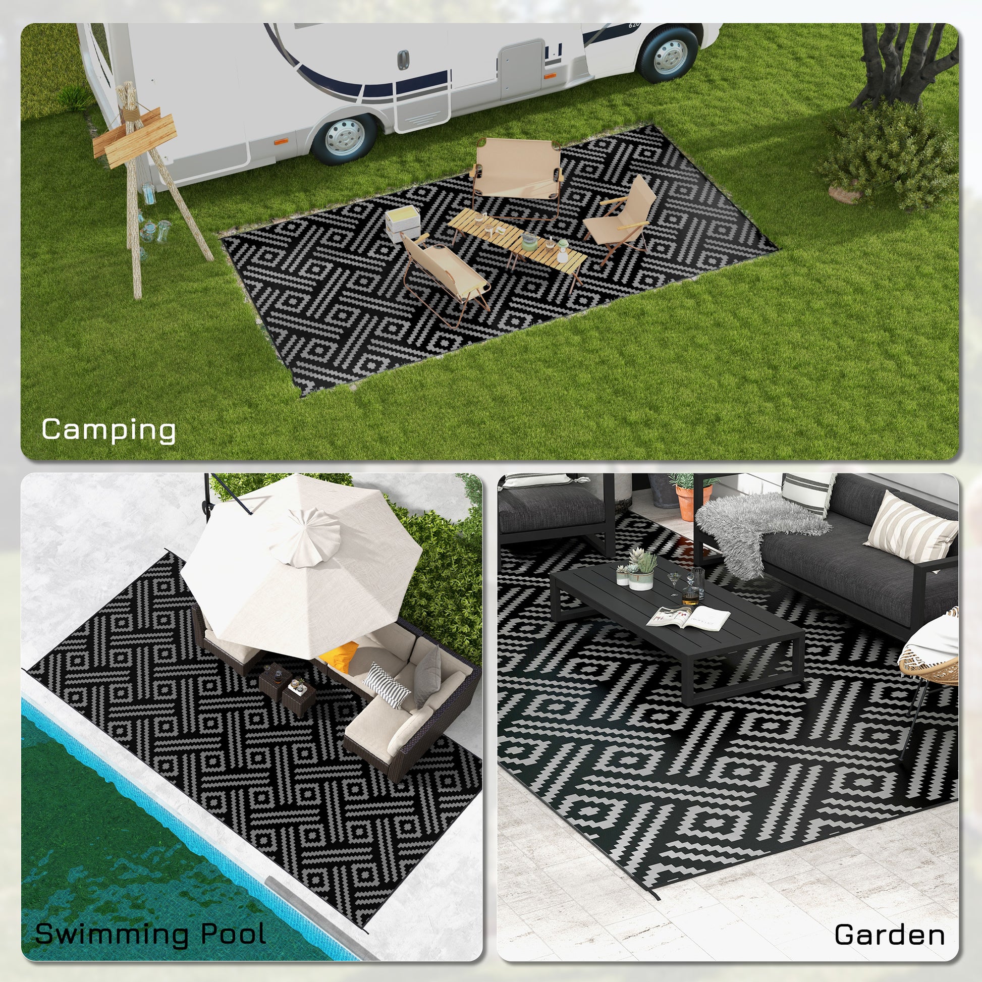 Reversible Outdoor Rug Waterproof Plastic Straw RV Rug with Carry Bag, 9' x 18', Black and Grey Geometric Outdoor Reversible Rugs   at Gallery Canada