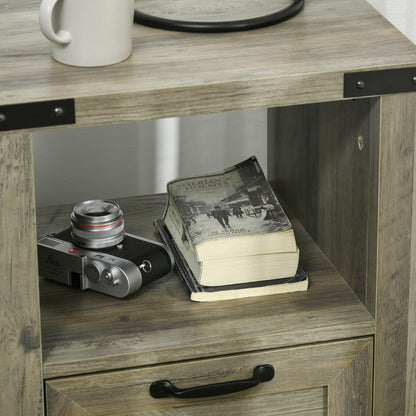 Side Table with Storage, Farmhouse End Table with Drawer, Open Shelf and Barn-style Panel, Accent Table for Living Room, Bedroom, Grey Side Tables   at Gallery Canada