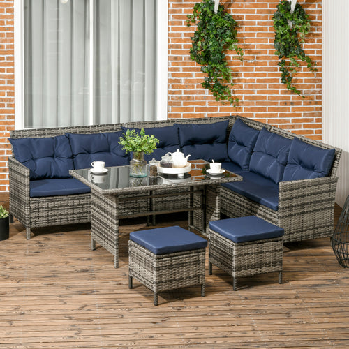6pcs Outdoor Rattan Sofa Set Garden Wicker Sectional Couch Furniture Set with Dining Table and Chair Dark Blue