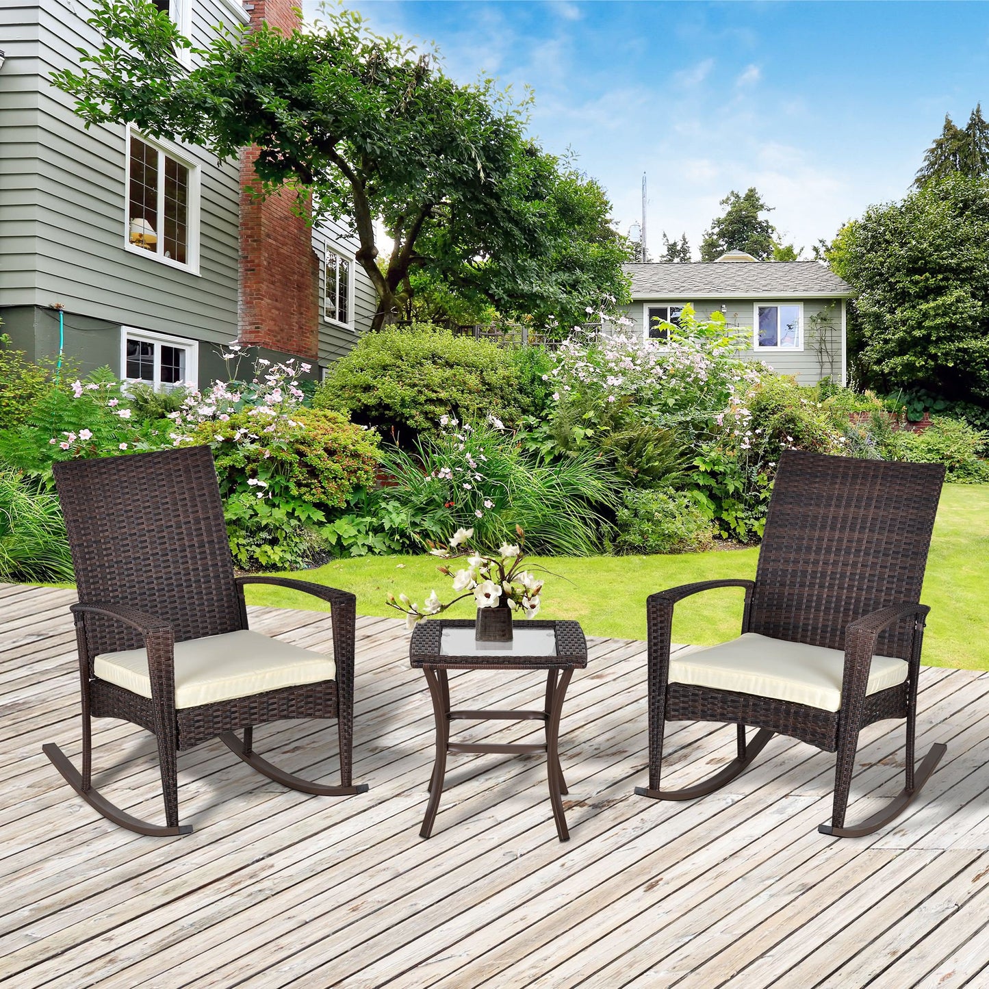 Outdoor PE Rattan Rocking Chair Set with Coffee Table, Cream White Outdoor Rocking Chairs   at Gallery Canada