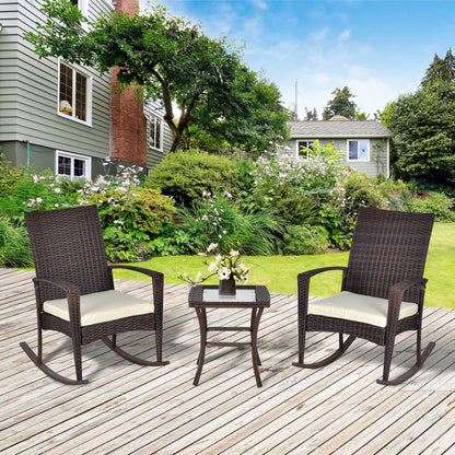 3 Pieces Patio Wicker Rocking Chair Set, Outdoor PE Rattan Bistro Set Conversation Rocker Set with 2 Chairs 1 Coffee Table for Backyard, Deck, Poolside, Cream White - Gallery Canada