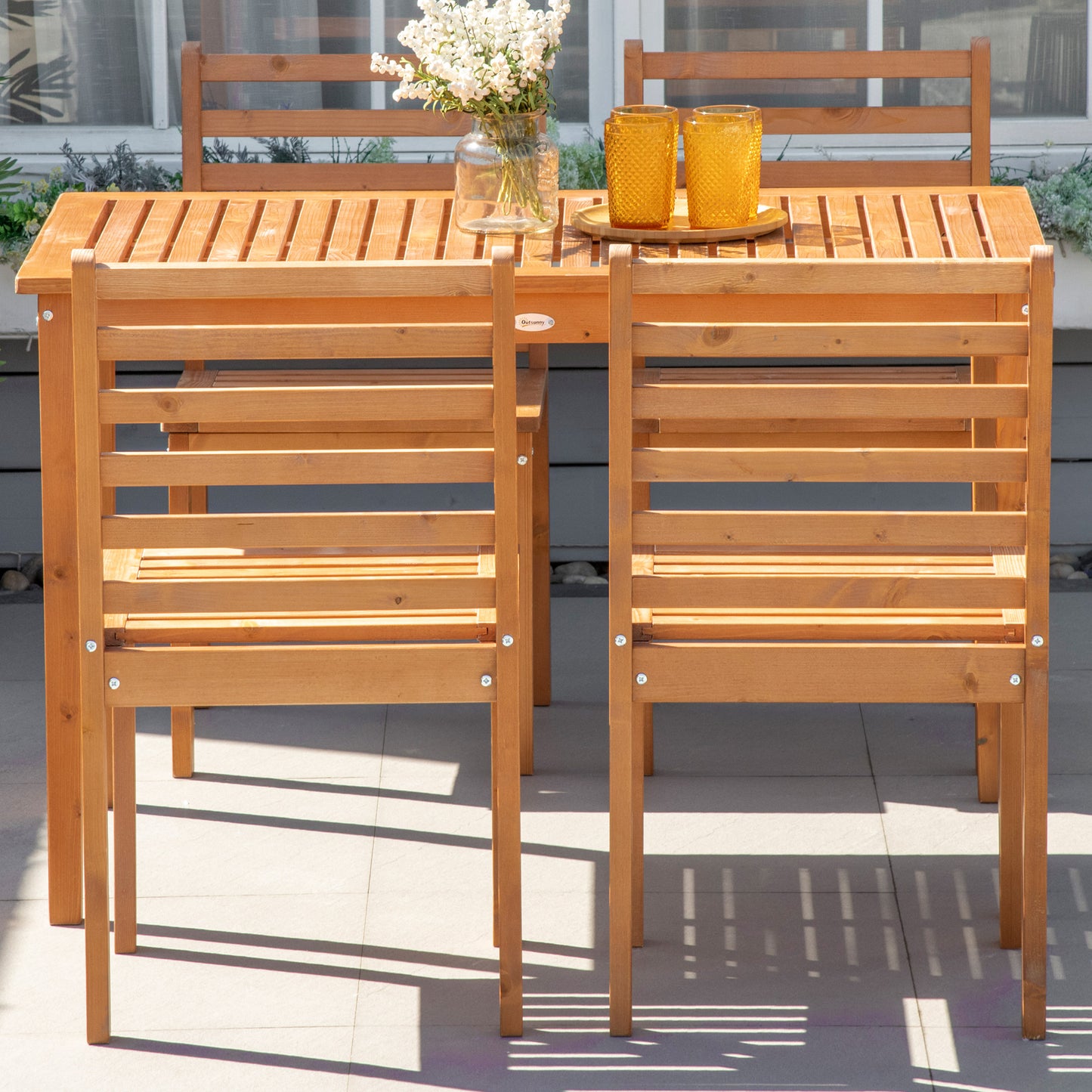 5 Pieces Patio Dining Set for 4, Wooden Outdoor Table and Chairs with Slatted Design for Garden, Patio, Backyard, Orange Outdoor Dining Sets   at Gallery Canada