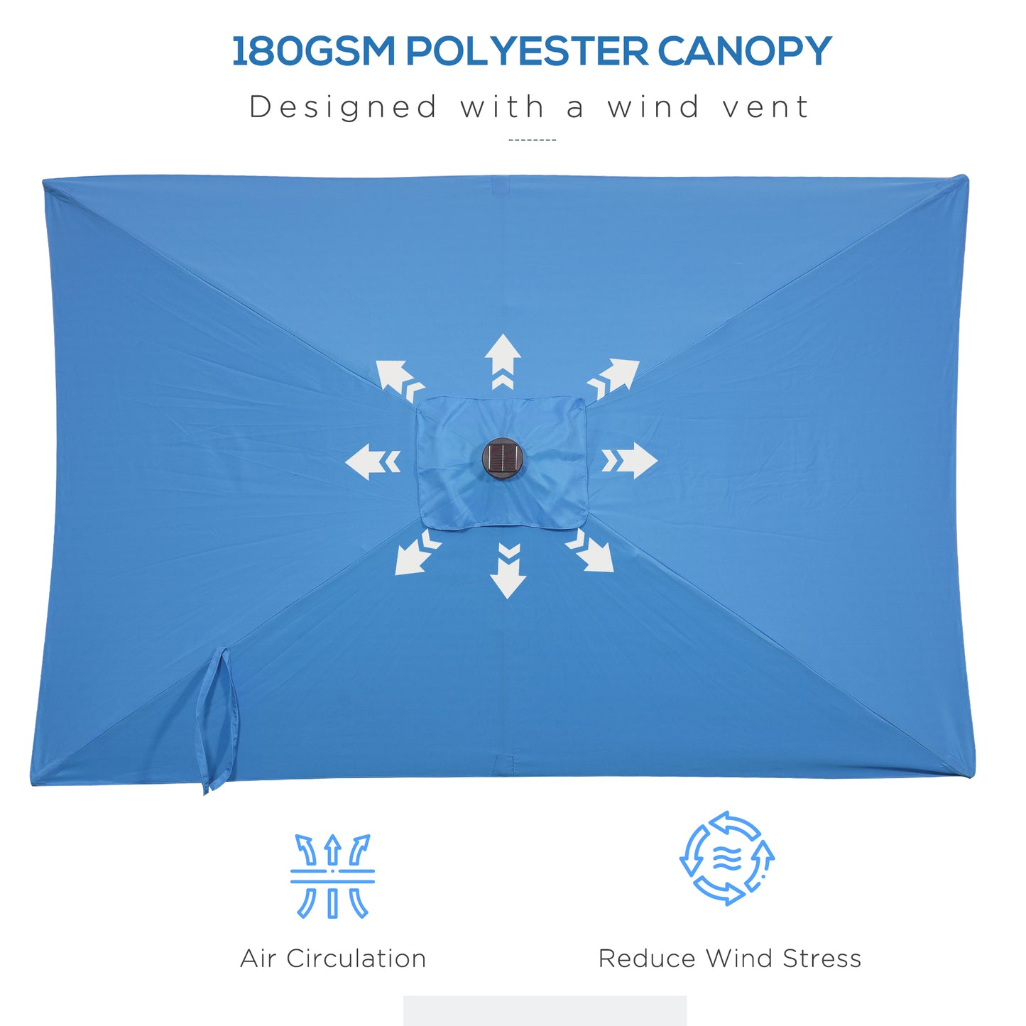 6' x 10' Patio Umbrella with 35 LED Solar Lights and Tilt, Rectangular Outdoor Table Umbrella with Crank, Light Blue - Gallery Canada