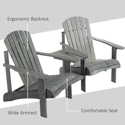 Double Wooden Adirondack Chair with Middle Table, Outdoor Patio Porch Tete-A-Tete Bench Two Seater w/ Umbrella Hole, Grey Patio Chairs   at Gallery Canada