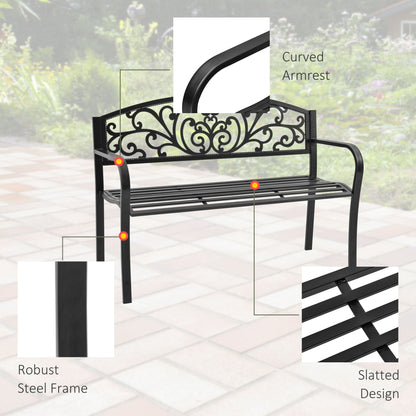 Steel Garden Bench for Outdoor, 2-person Patio Bench, Floral Rose Accent, Loveseat Furniture for Lawn, Deck, Yard, Porch and Entryway, Black Outdoor Benches   at Gallery Canada