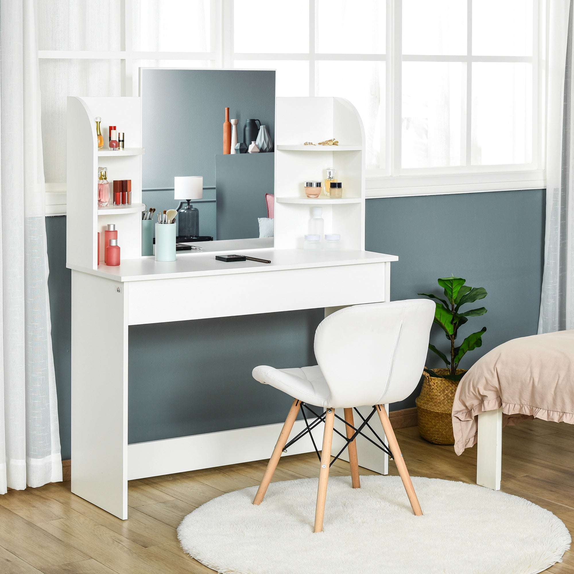 Vanity Table Wood Dressing Table w/ Makeup Mirror, Big Drawers, Open Shelf for Bedroom White Dressing & Vanity Tables   at Gallery Canada