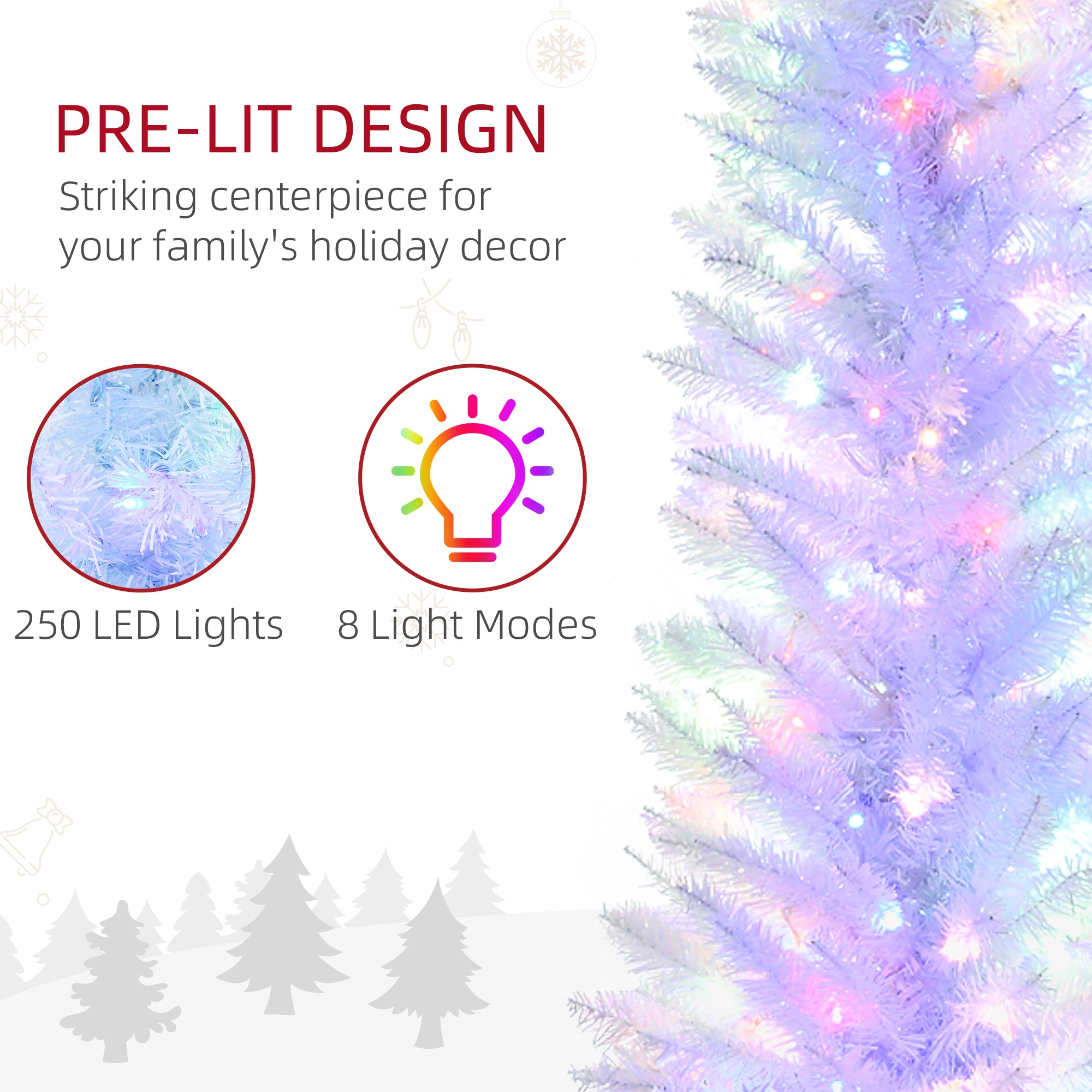 7' Prelit Christmas Trees, Pencil Artificial Christmas Tree with Colourful Surface Tips, Colourful LED Lights, White Pencil Christmas Trees   at Gallery Canada