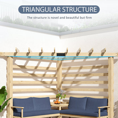 9' x 9' Corner Pergola with Conversation Set and Cushions, Fir Wood Outdoor Pergola with End Table, Natural and Blue Pergolas   at Gallery Canada