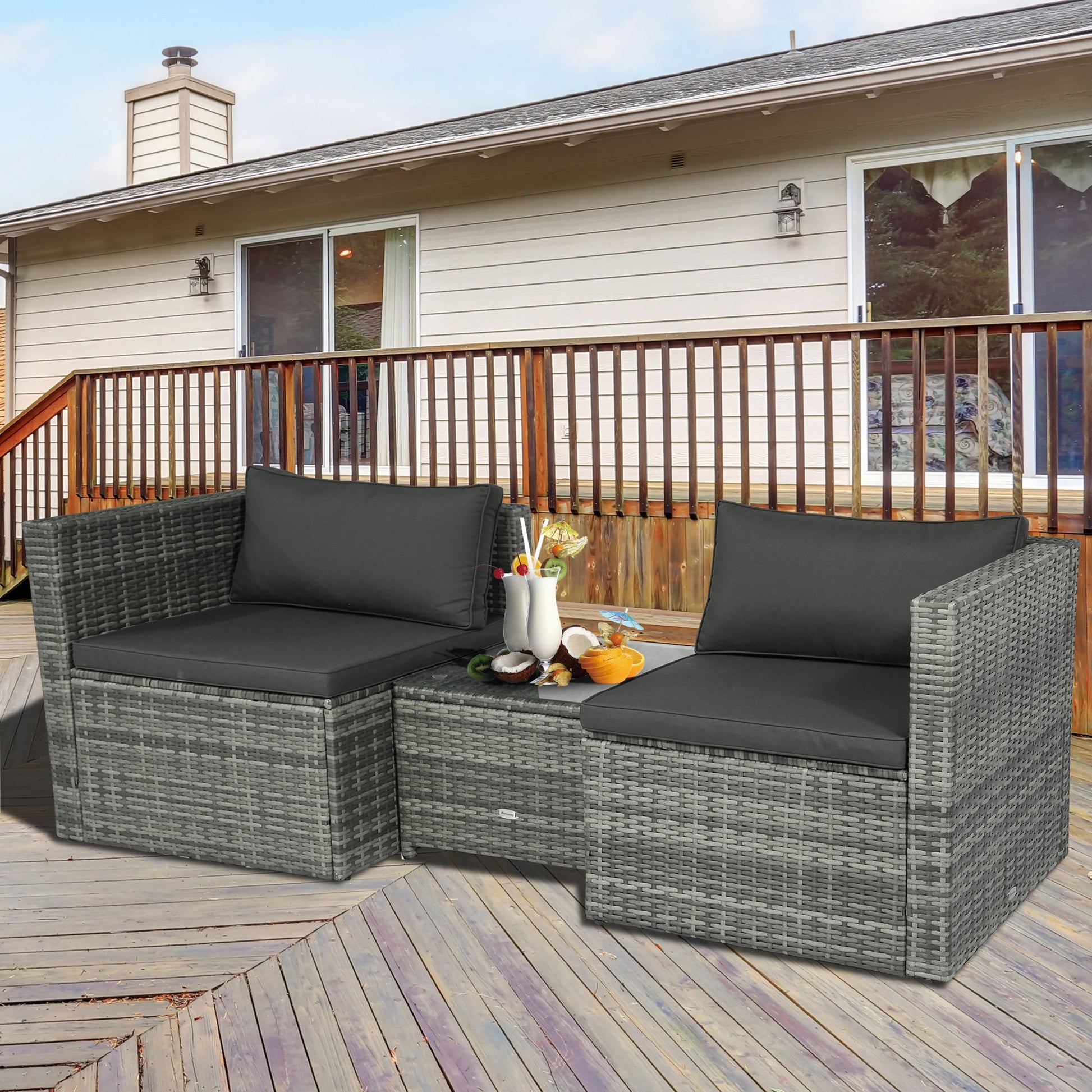 3 Pieces Patio PE Rattan Bistro Set Cushioned Armchair Sofa and Coffee Table Outdoor Furniture Patio Furniture Sets   at Gallery Canada