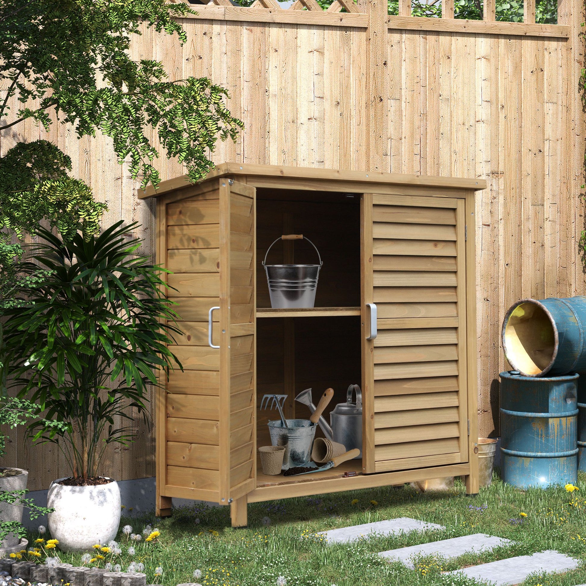 Wooden Garden Storage Shed Kit Wood Garage Tool Organisation Cabinet with 2 Door , 34" x 18" x 38", Natural Sheds   at Gallery Canada