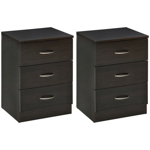 Bedside Table with 3 Drawers, Modern Wood Nightstand, Side Table with Anti-tipping Design for Bedroom, Set of 2, Dark Brown