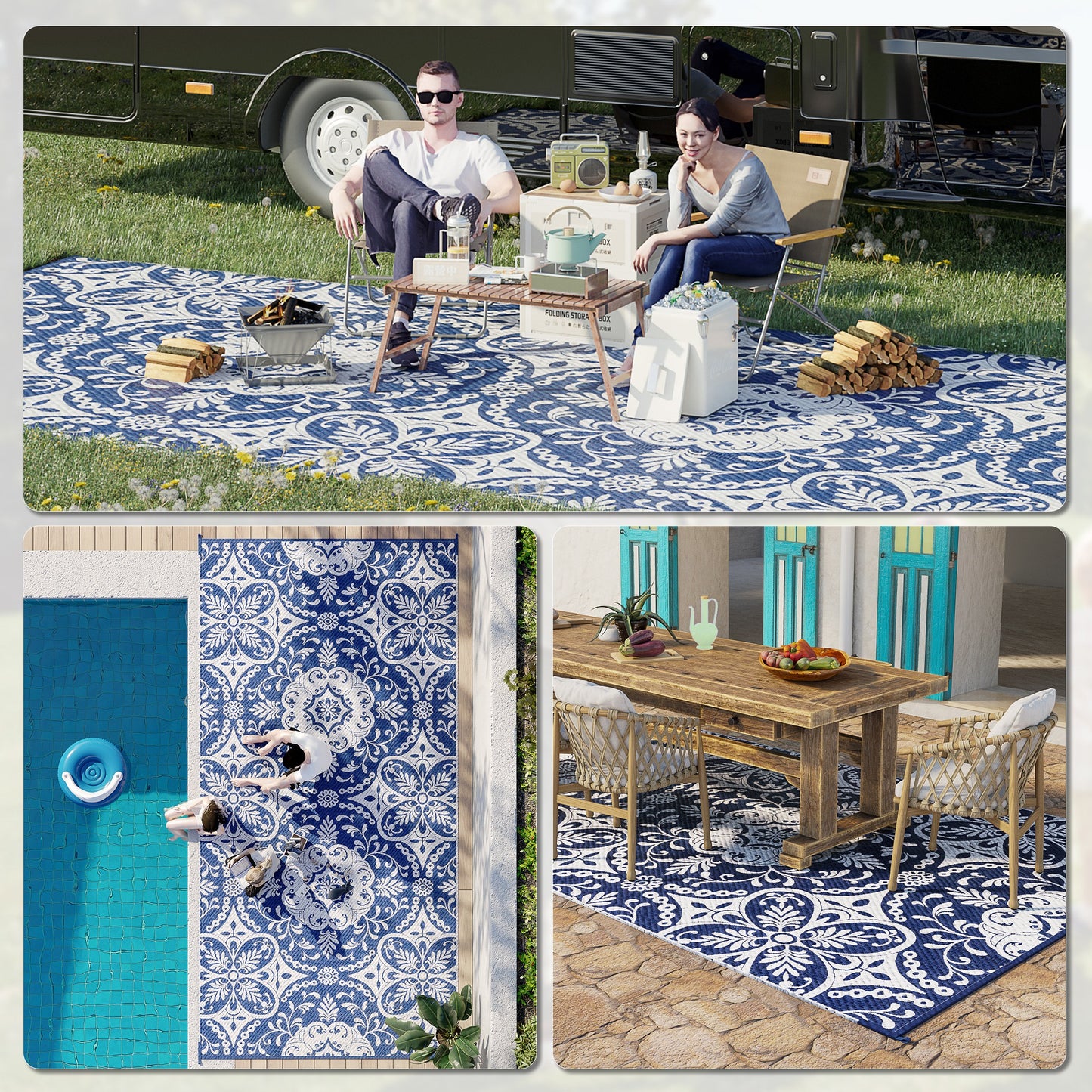 Reversible Waterproof Outdoor Rug with Carry Bag, 9' x 18' for RV, Camping, Blue & White Flower Outdoor Reversible Rugs   at Gallery Canada