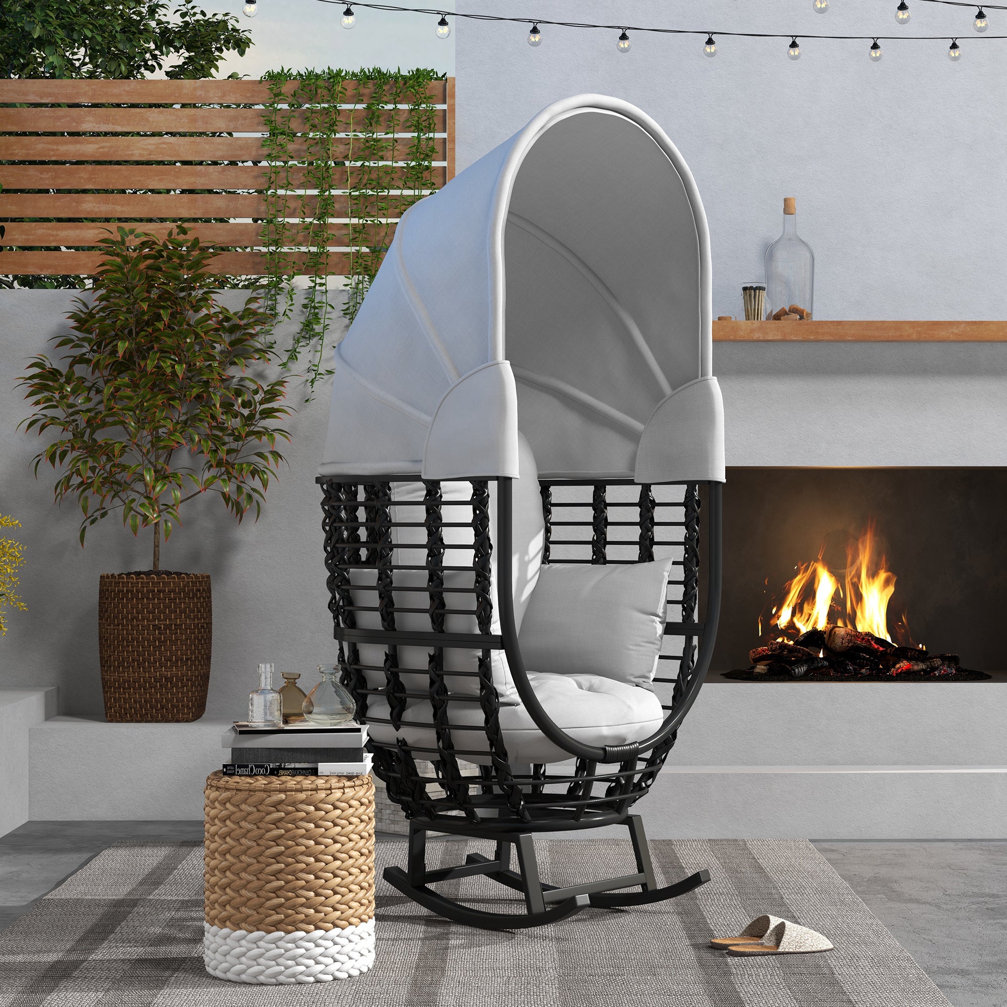 Outdoor PE Rattan Rocking Chair with Retractable Canopy, Cushions, for Garden, Balcony, Porch, Patio, Grey Patio Chairs   at Gallery Canada