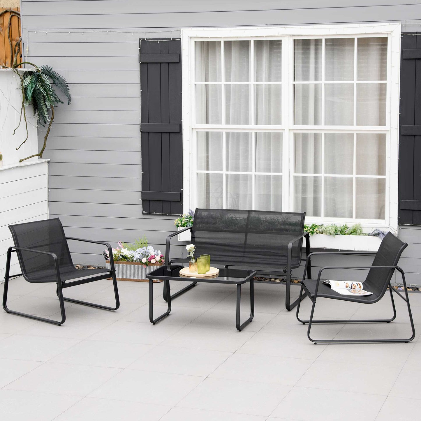 4 PCs Patio Furniture Set with Texteline Seat Outdoor Conversation Set with Loveseat, Center Coffee Table for Garden Backyard Deck, Black Patio Furniture Sets   at Gallery Canada