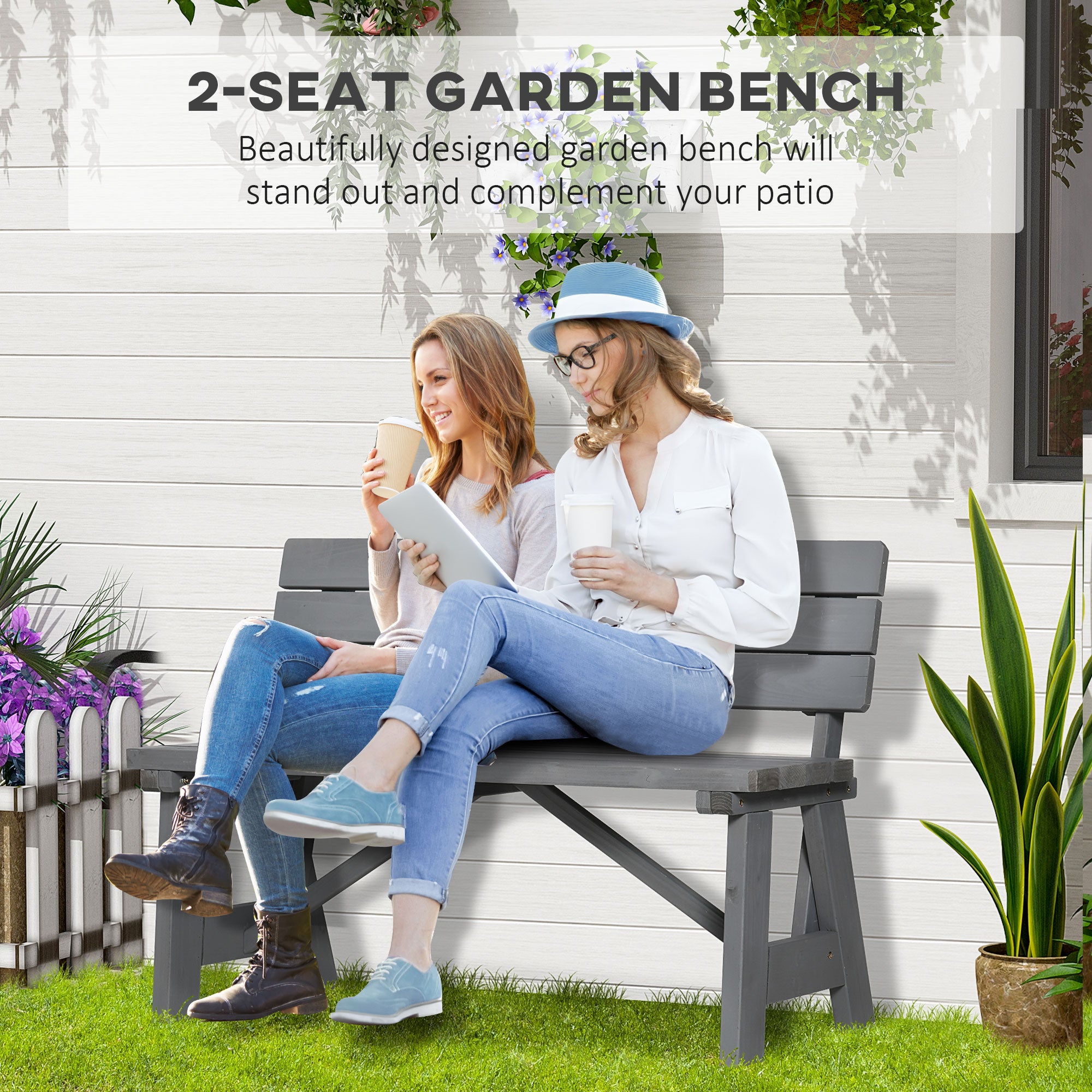 Wooden Garden Bench for Outdoor, 2-person Patio Bench, Loveseat Furniture for Lawn, Deck, Yard, Porch and Entryway, Grey Outdoor Benches   at Gallery Canada