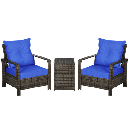 3 Pieces Patio Bistro Set with 2 Padded Chairs and 1 Storage Side Table, PE Rattan Garden Sofa Set with Removable Cushion Cover, Blue Bistro Sets Mixed Brown  at Gallery Canada