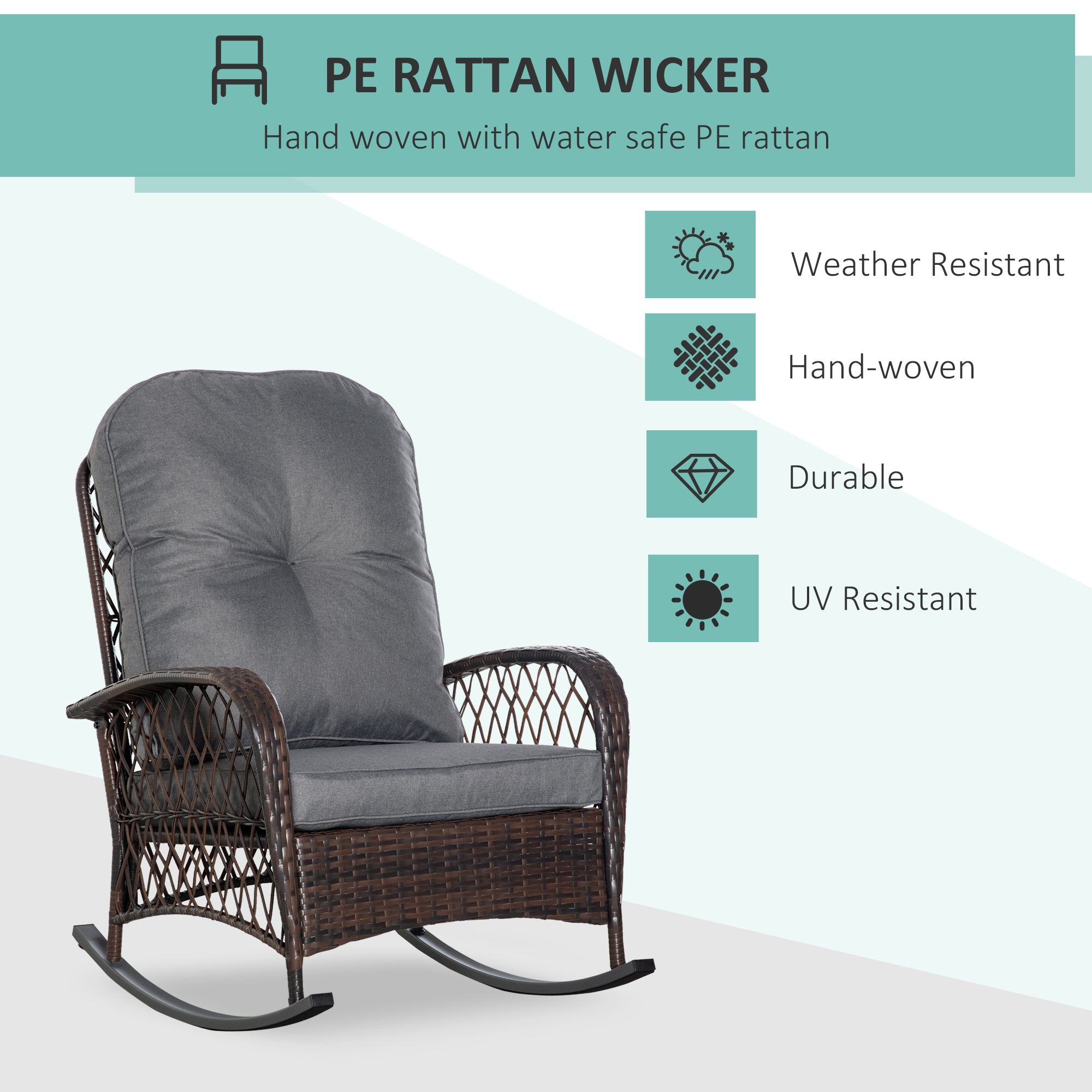 Rattan Rocking Chair, Outdoor Wicker Patio Rocker Chair Furniture with Thick Cushions, for Garden Backyard Porch, Grey Outdoor Rocking Chairs   at Gallery Canada