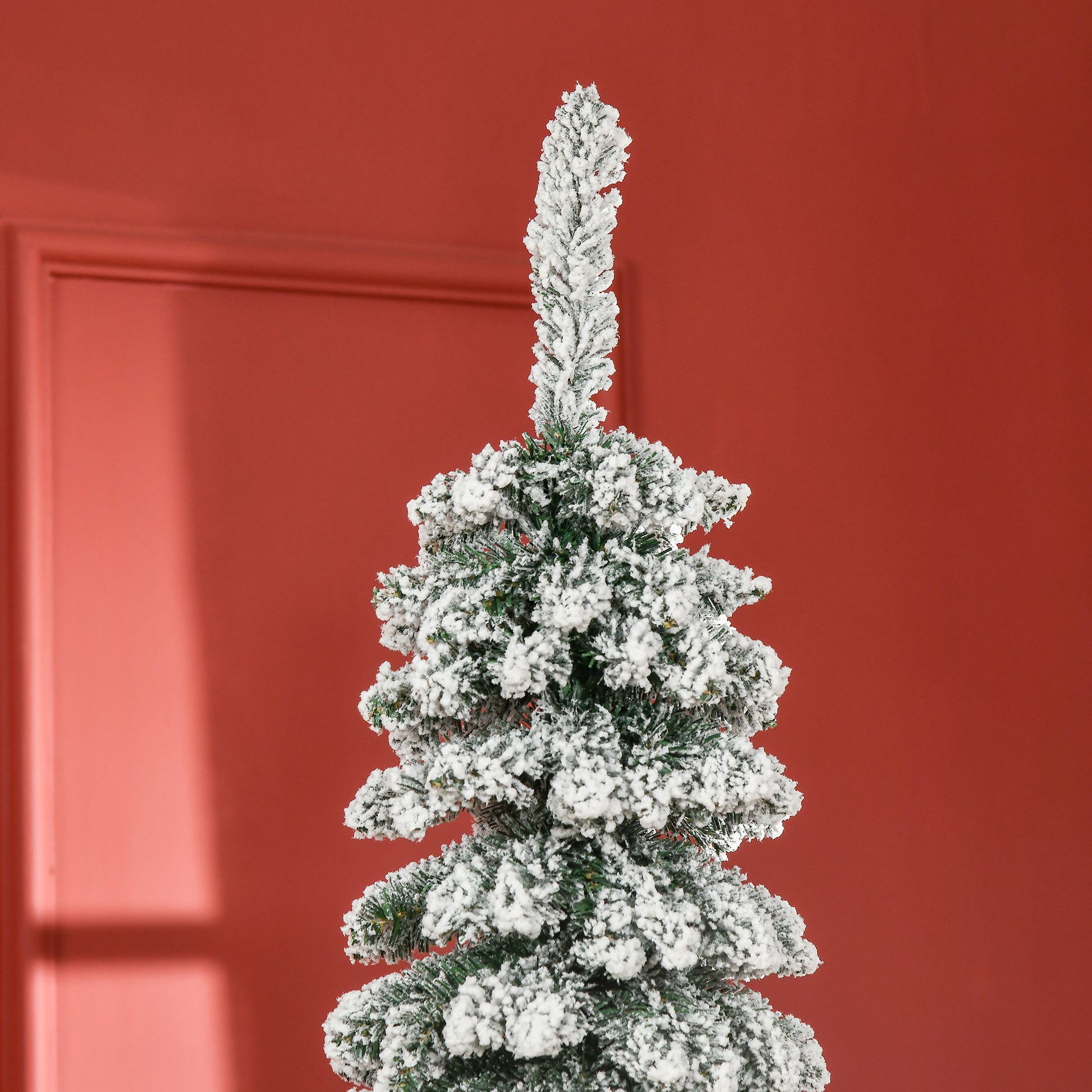 7ft Snow-Flocked Artificial Christmas Tree, Slim Pencil Xmas Tree with 490 Realistic Branches, Metal Base, Green Pencil Christmas Trees   at Gallery Canada