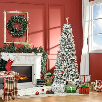 6 Foot Pencil Snow Flocked Artificial Christmas Tree with 600 Pine Realistic Branches, Pine Cones, Red Berries, Auto Open, Green Pencil Christmas Trees   at Gallery Canada