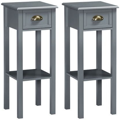 Bedside Table Set of 2, Narrow Side Table with Drawer and Shelf, 2 Tier Tall Nightstand for Bedroom, Grey Side Tables Grey  at Gallery Canada