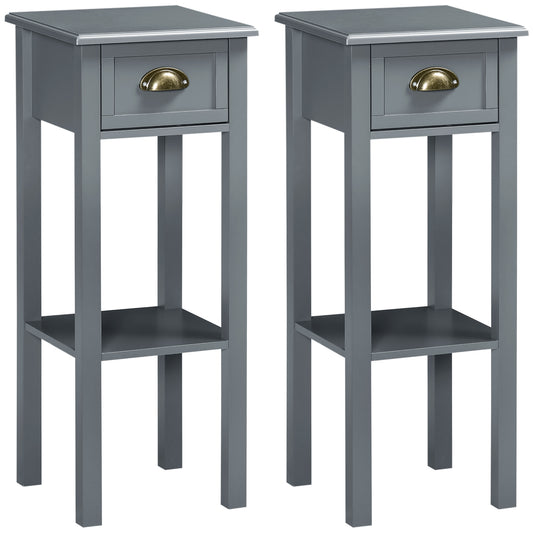 Bedside Table Set of 2, Narrow Side Table with Drawer and Shelf, 2 Tier Tall Nightstand for Bedroom, Grey - Gallery Canada
