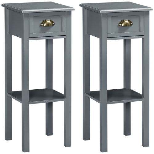 Bedside Table Set of 2, Narrow Side Table with Drawer and Shelf, 2 Tier Tall Nightstand for Bedroom, Grey