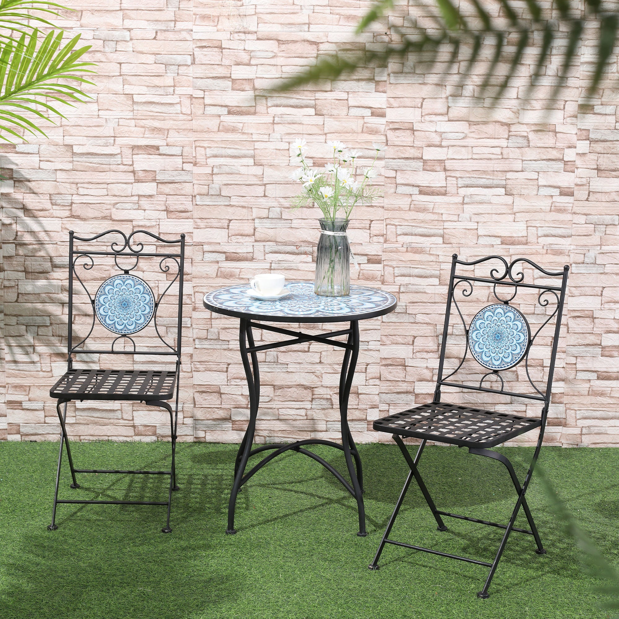 3-Piece Outdoor Bistro Set Garden Coffee Table Set with Mosaic Top for Patio, Balcony, Poolside, Black Bistro Sets   at Gallery Canada