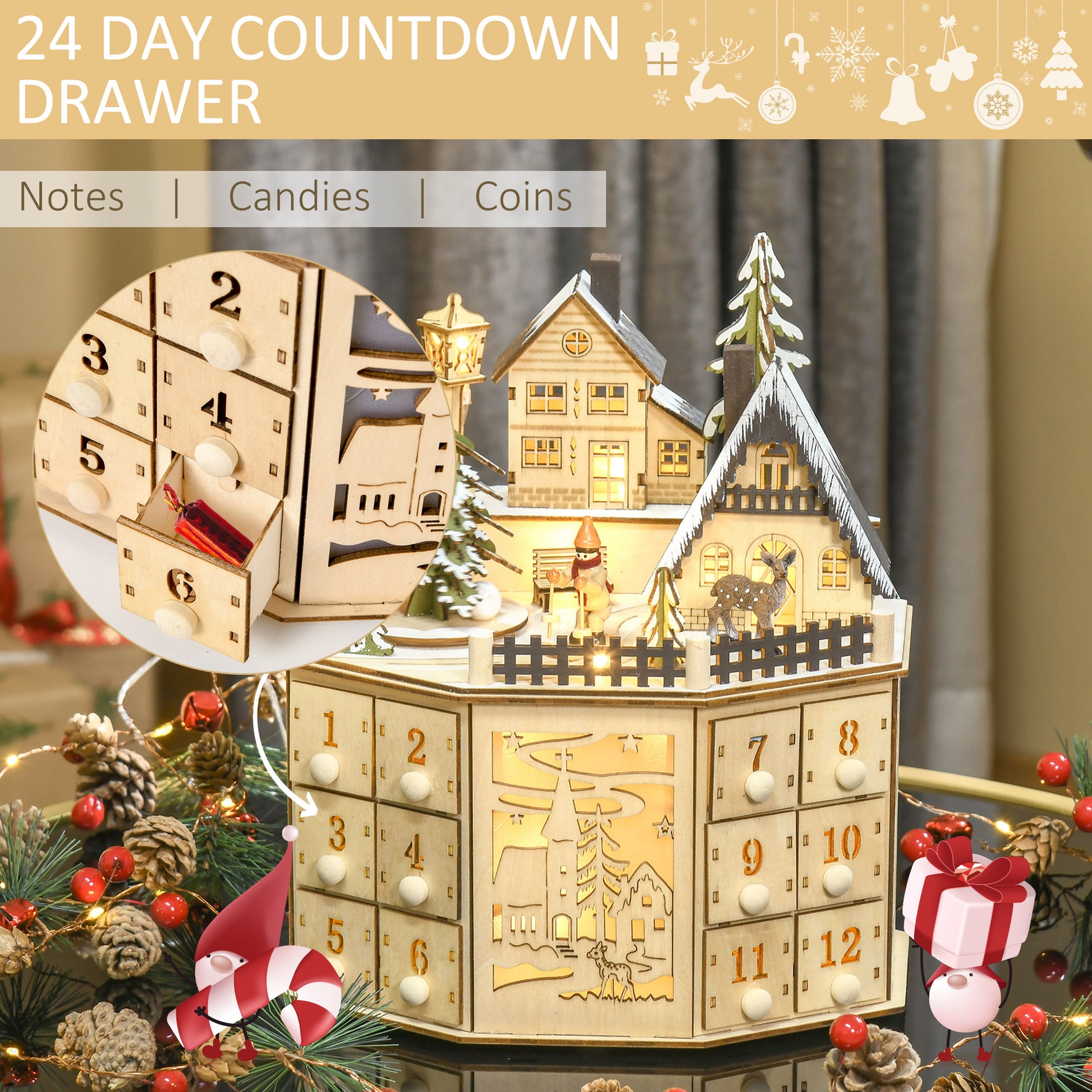 Wooden Christmas Advent Calendar, Lighted 24 Days Countdown to Christmas Table Decoration with Drawers for Kids and Adults, Battery Operated, Natural Christmas Advent Calendars   at Gallery Canada