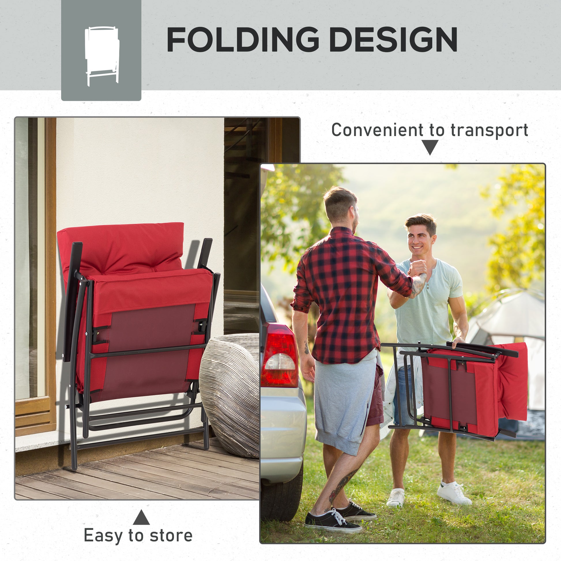 Set of 2 Outdoor Folding Chairs with Adjustable Backrest, Padded Camping Chairs for Outdoor Events, Red - Gallery Canada