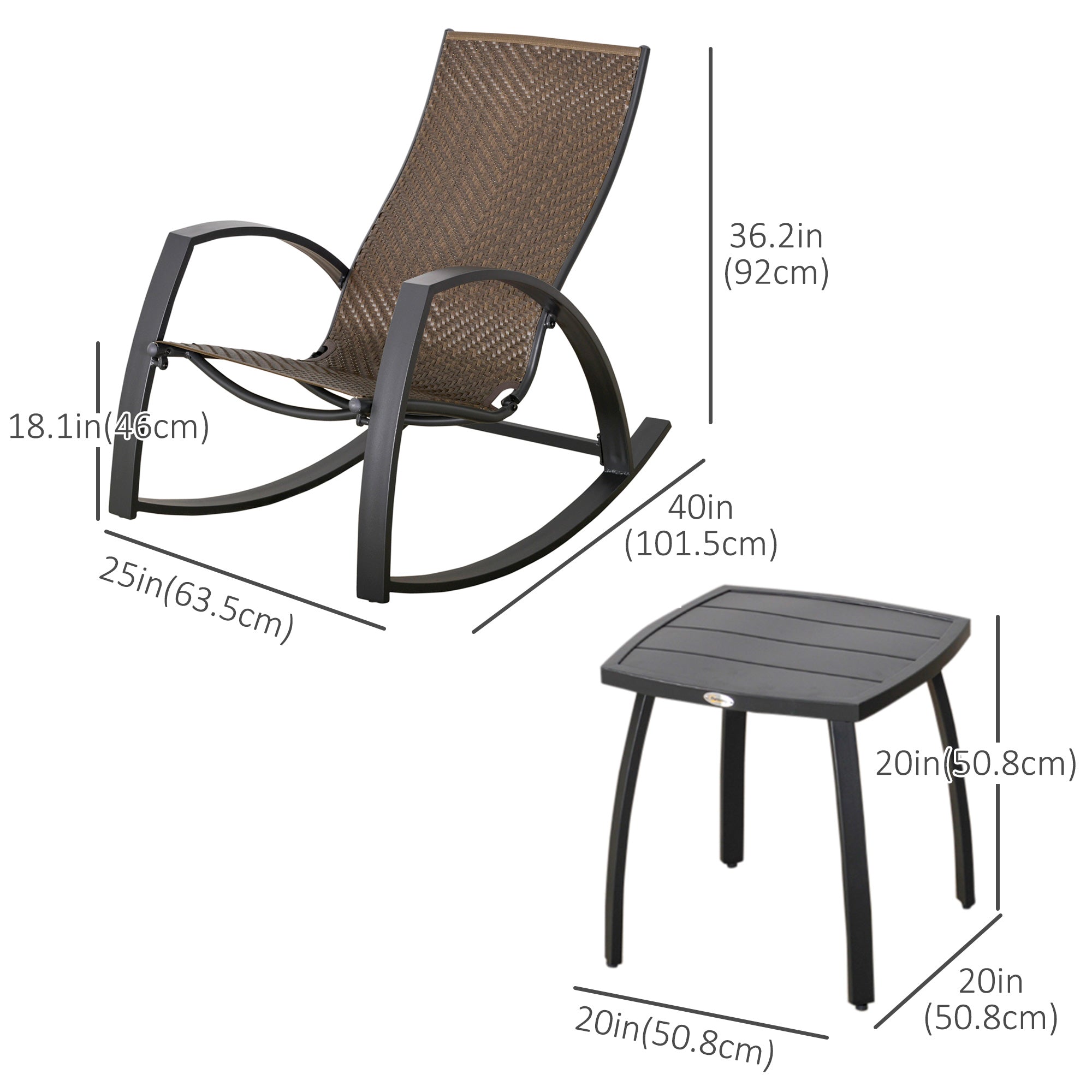 Patio Wicker Rocking Chair Set with Glass Top Table, Aluminum Frame, Brown Outdoor Rocking Chairs   at Gallery Canada