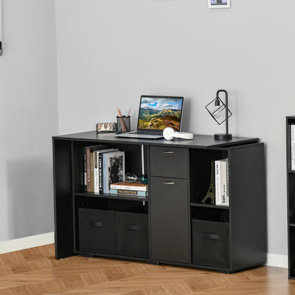 Convertible L-Shaped Computer Desk, Corner Table wth 3 Fabric Storage Boxes, Retractable Home Office Desk, Black Writing Desks   at Gallery Canada