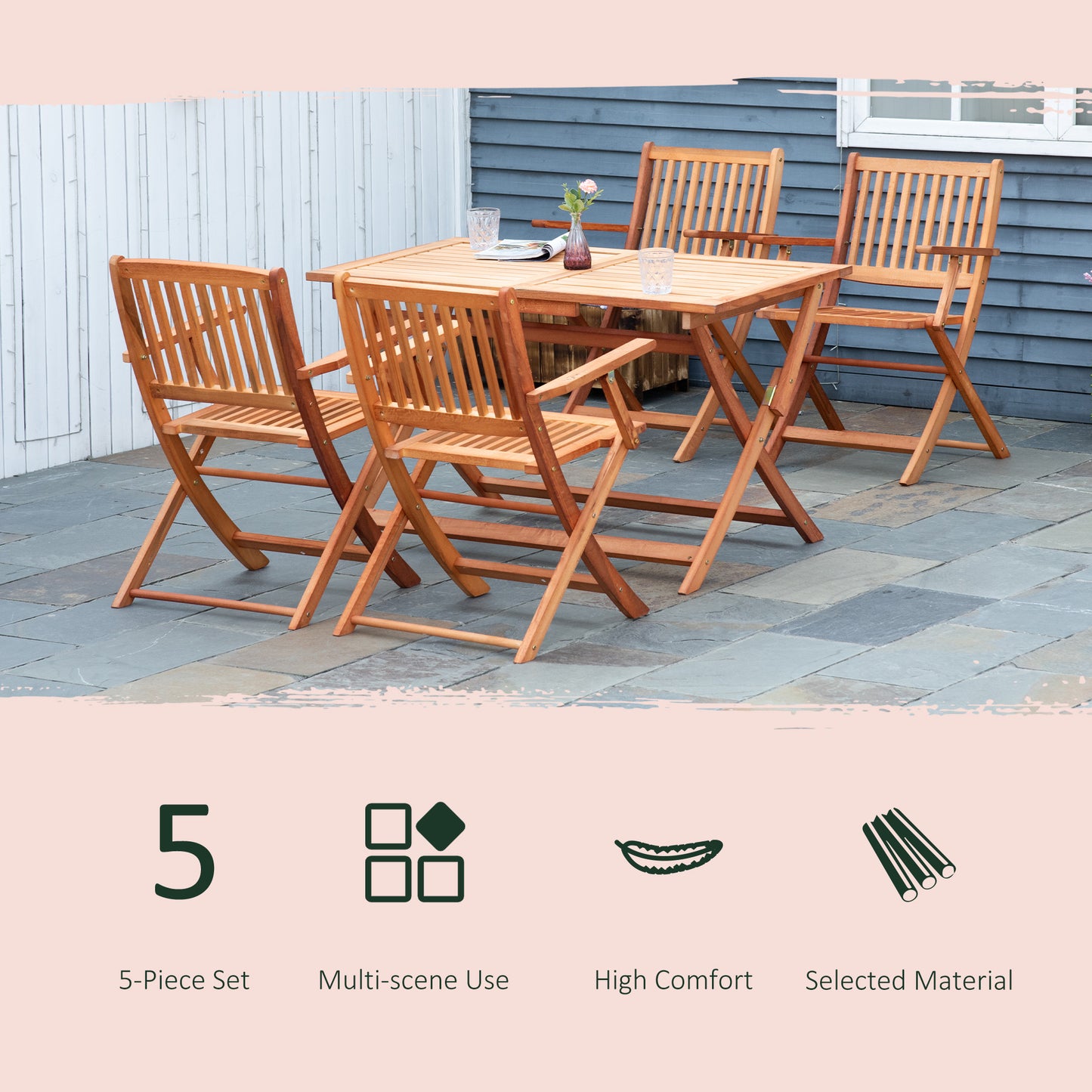 5-Piece Wood Patio Dining Set for 4, Dining Table and Chairs Set, Folding Outdoor Patio Furniture for Patio, Backyard and Garden, Golden-Brown - Gallery Canada