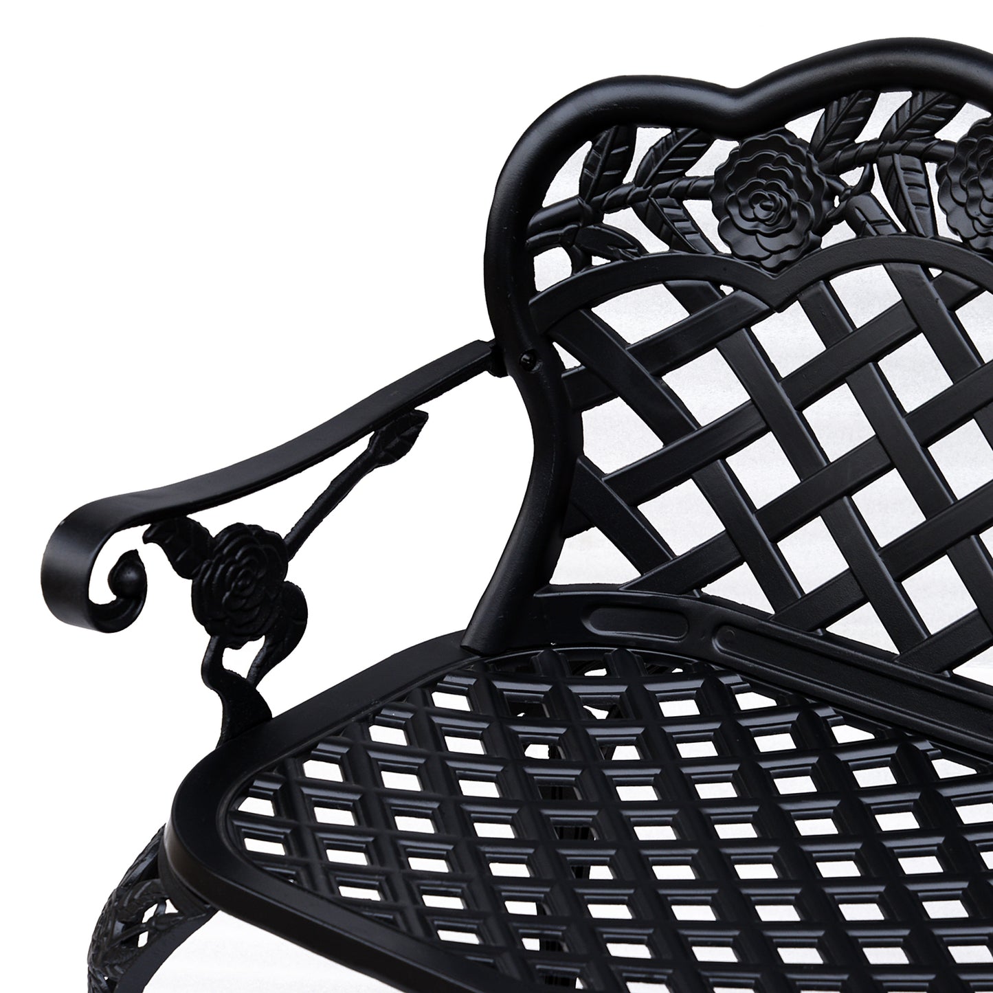 Metal Garden Bench, 2 Seater Outdoor Patio Loveseat with Armrest and Floral Scroll Backrest, 42.1"x22.8"x33.5", Black Outdoor Benches   at Gallery Canada