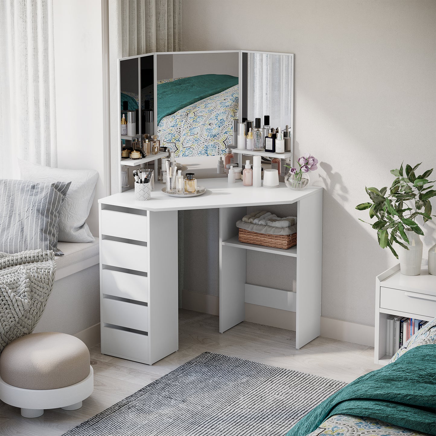 Corner Dressing Table, Makeup Desk with Tri-Fold Mirror and 5 Drawers, White Dressing & Vanity Tables   at Gallery Canada