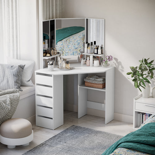 Corner Dressing Table, Makeup Desk with Tri-Fold Mirror and 5 Drawers, White