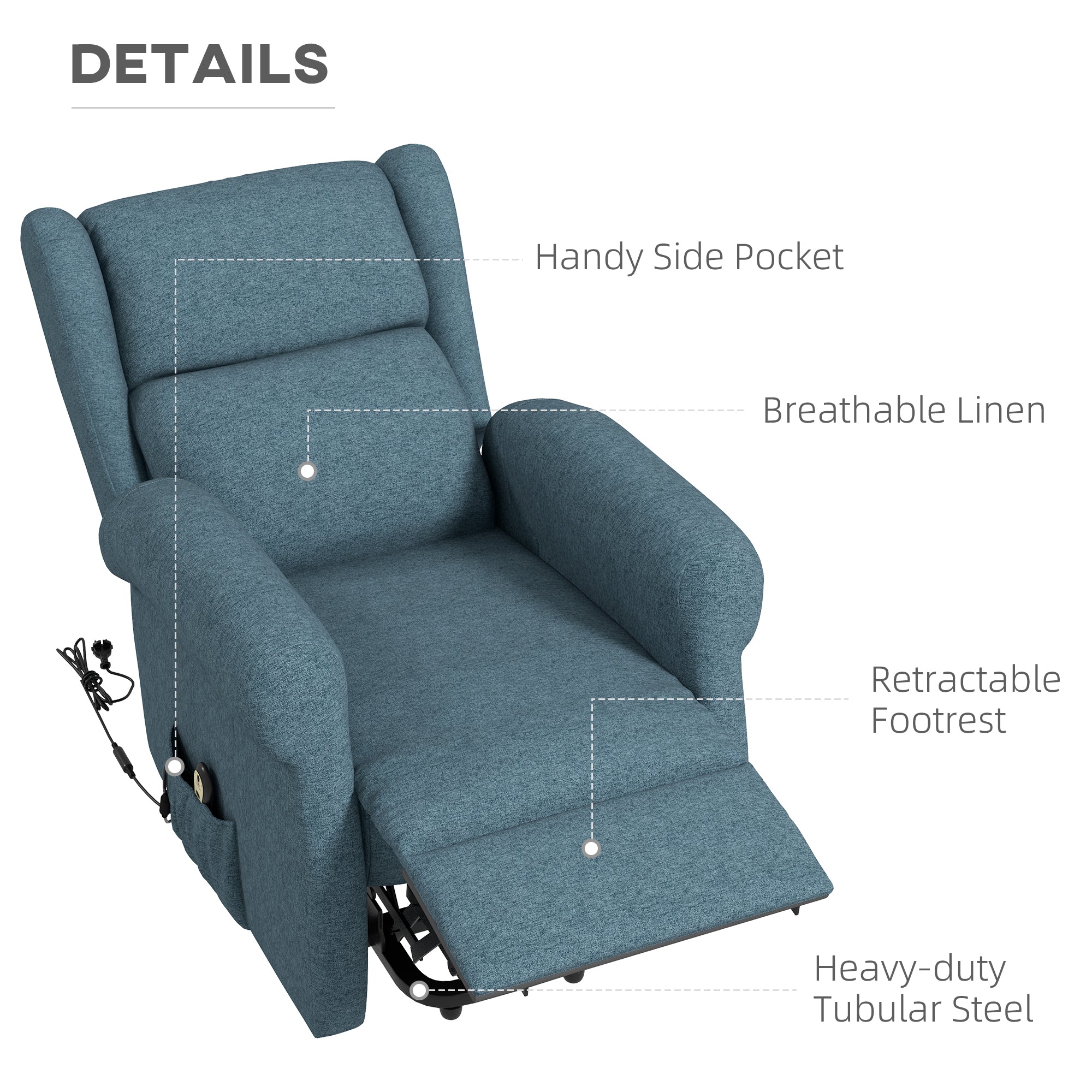 Wingback Lift Chair for Elderly, Power Chair Recliner with Footrest, Remote Control, Side Pockets, Blue Electric Power Lift Chairs   at Gallery Canada