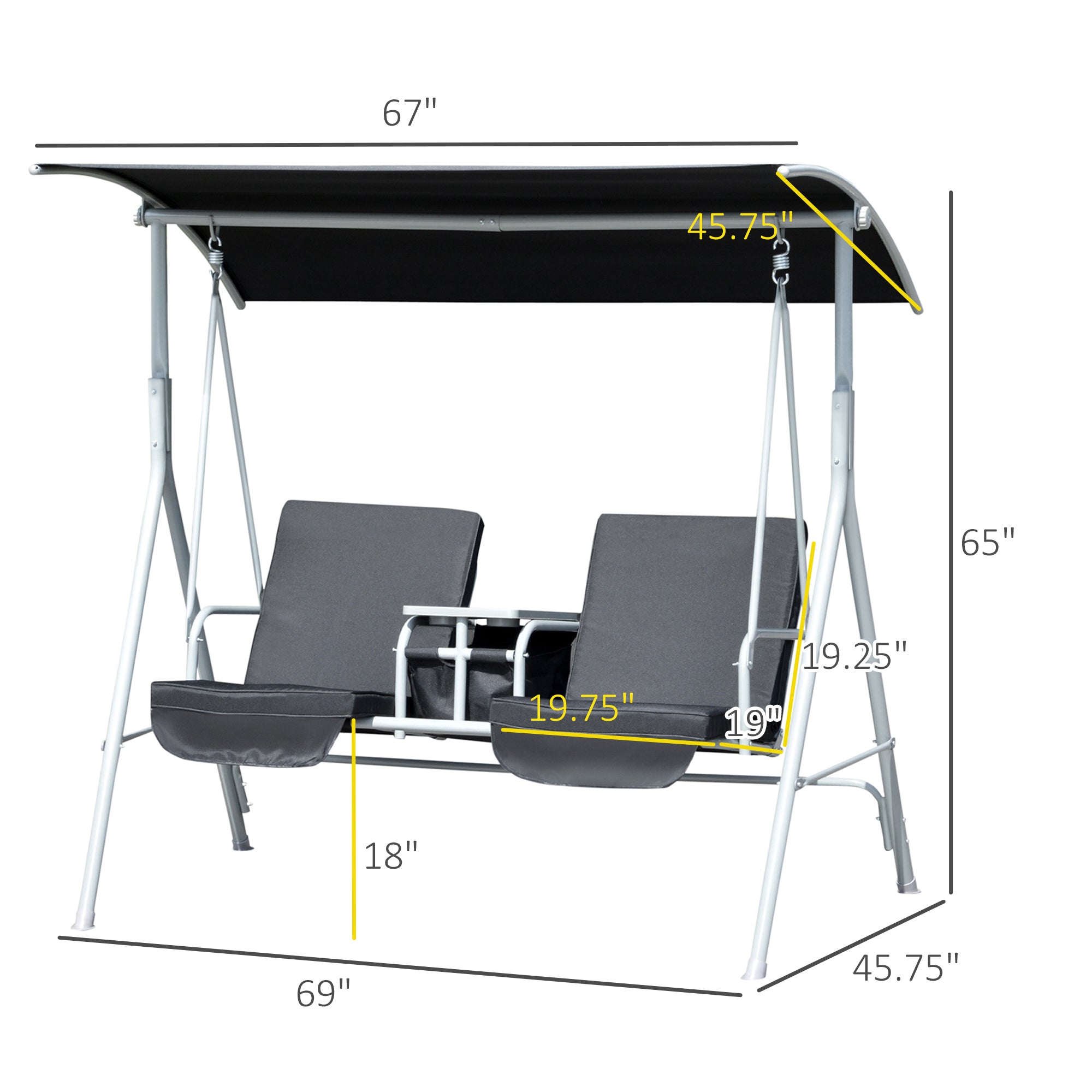 Double Outdoor Swing Chair 2 Person Covered Swing Porch Swing w/ Pivot Table and Storage Console, Black Patio Swings with Stand   at Gallery Canada