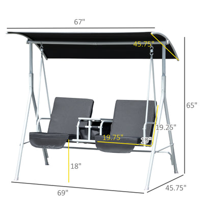 Double Outdoor Swing Chair 2 Person Covered Swing Porch Swing w/ Pivot Table and Storage Console, Black - Gallery Canada