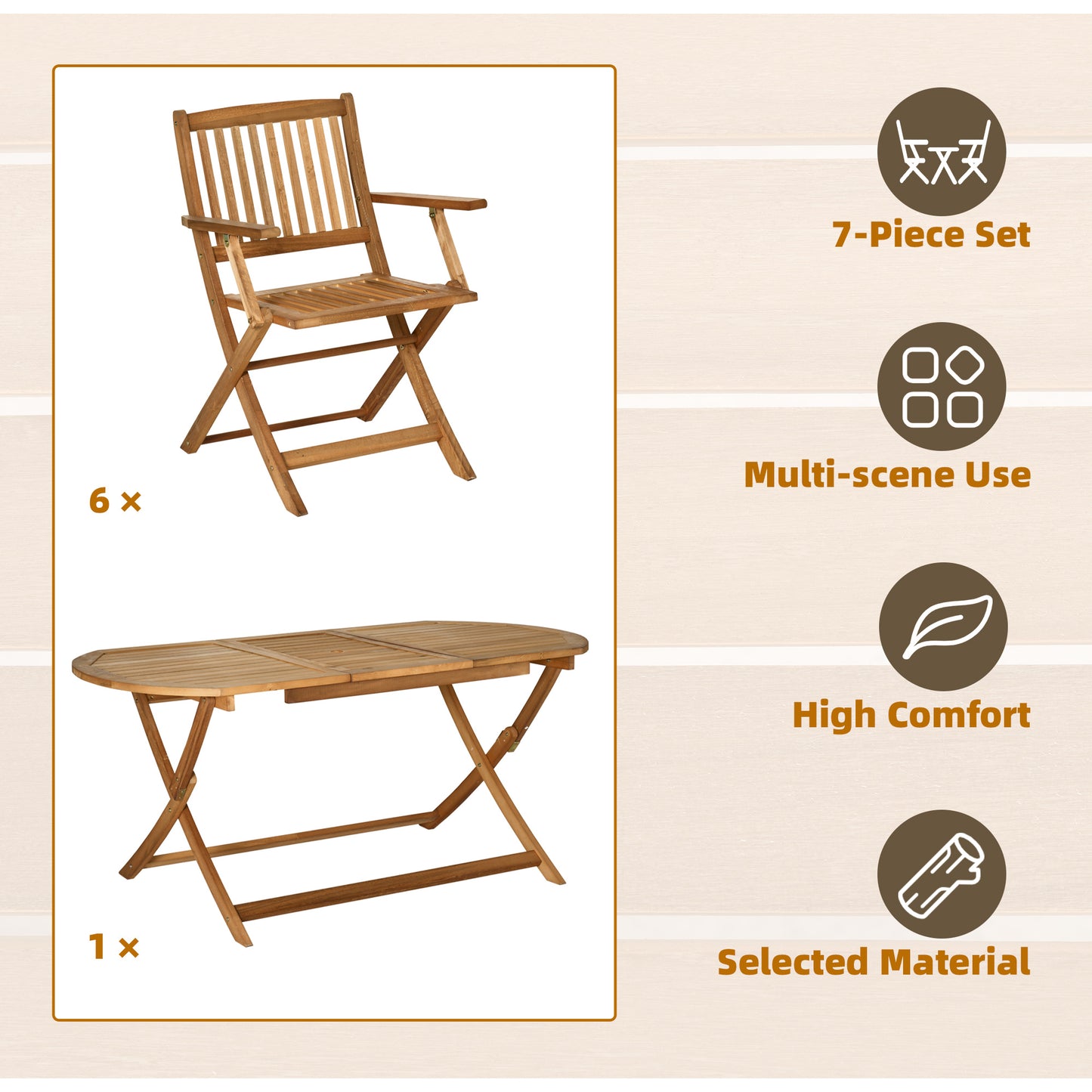 7 Piece Wood Patio Dining Set for 6, Dining Table and Chairs Set with Umbrella Holes, Folding Outdoor Patio Furniture, Teak Outdoor Dining Sets   at Gallery Canada