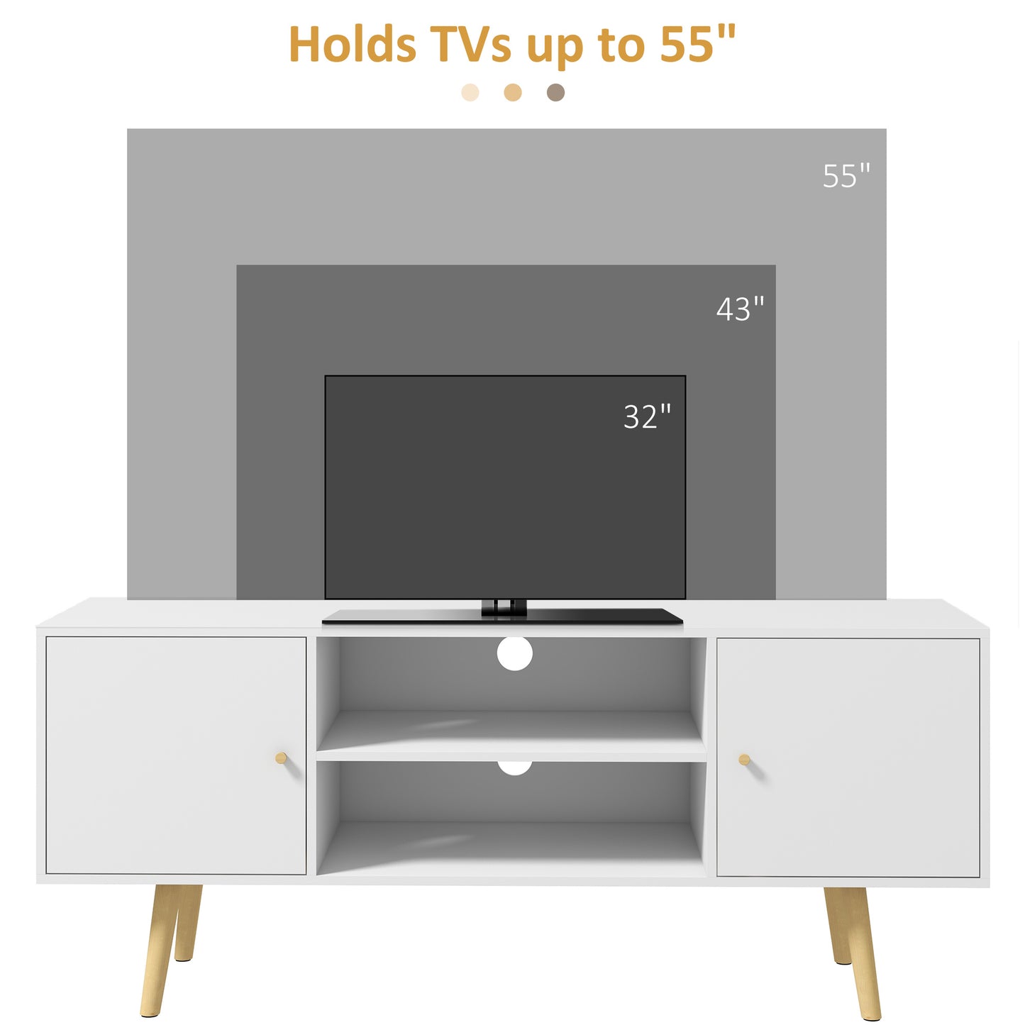 TV Stand Cabinet for TVs up to 55 Inches, Entertainment Unit with Storage Shelves and Wood Legs for Living Room, White TV Stands   at Gallery Canada