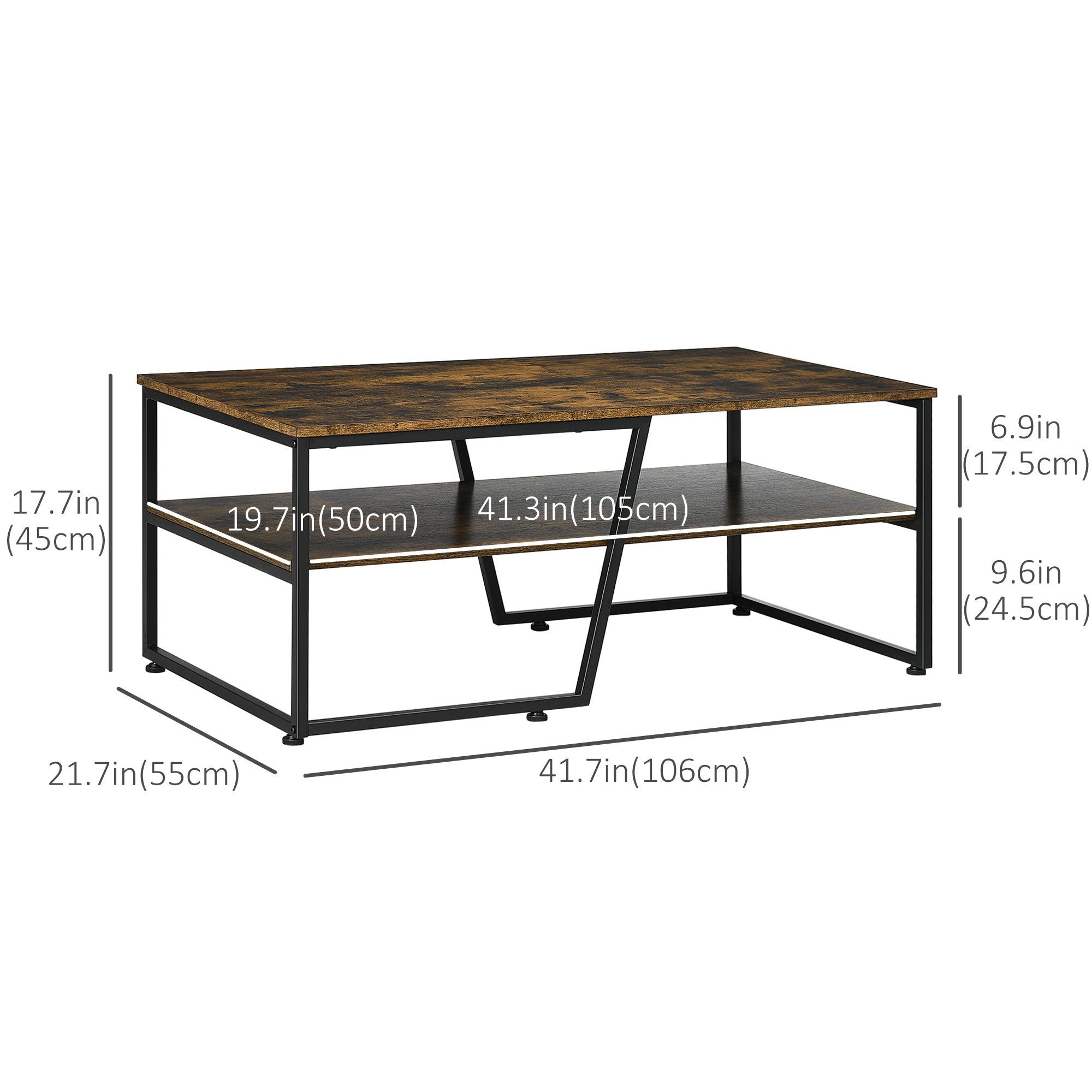 Coffee Table with Storage Shelf, Center Table with Steel Frame and Adjustable Foot Pads for Living Room, Rustic Brown Coffee Tables   at Gallery Canada