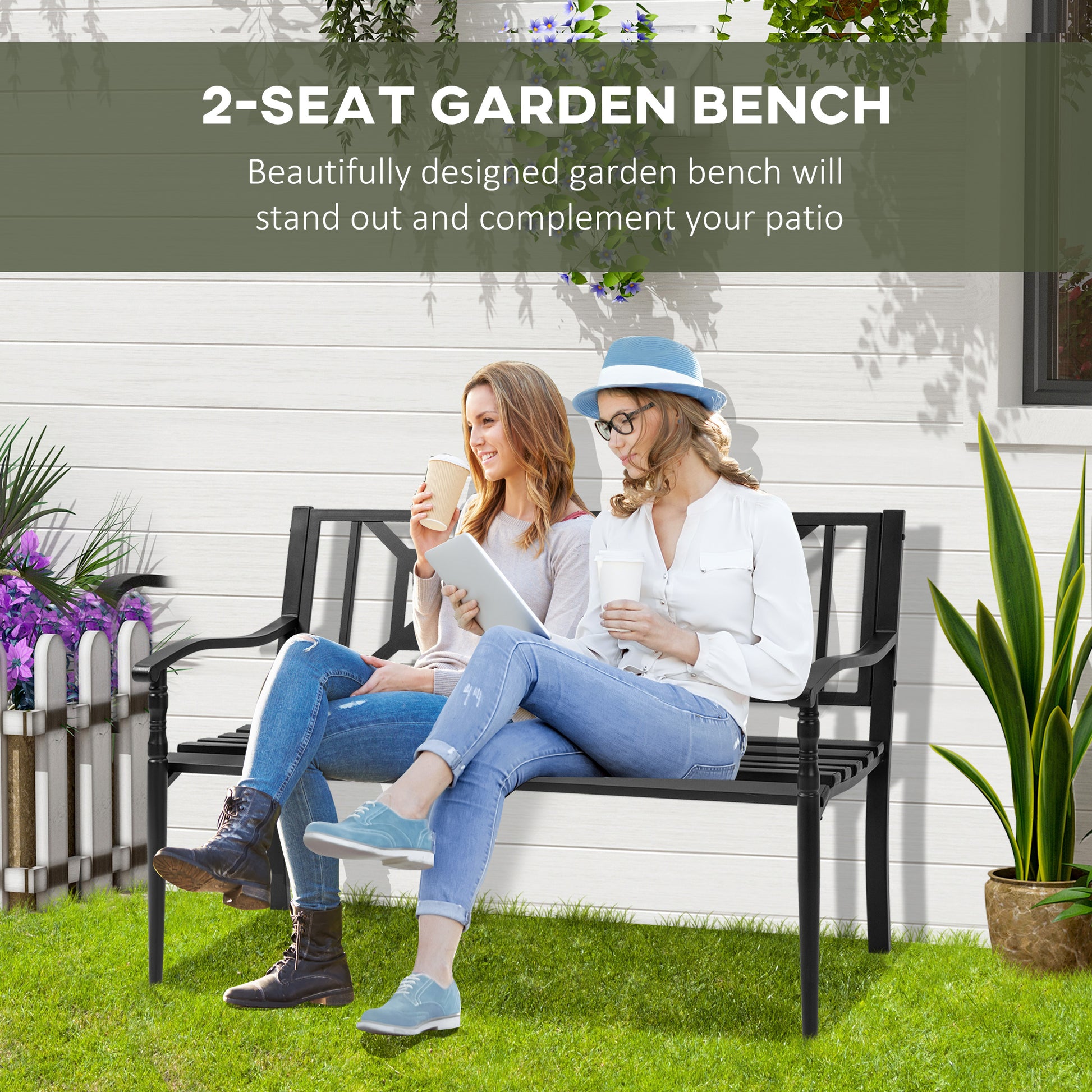 Steel Garden Bench for Outdoor, 2-person Patio Bench, Loveseat Furniture for Lawn, Deck, Yard, Porch, Entryway, Black Outdoor Benches   at Gallery Canada