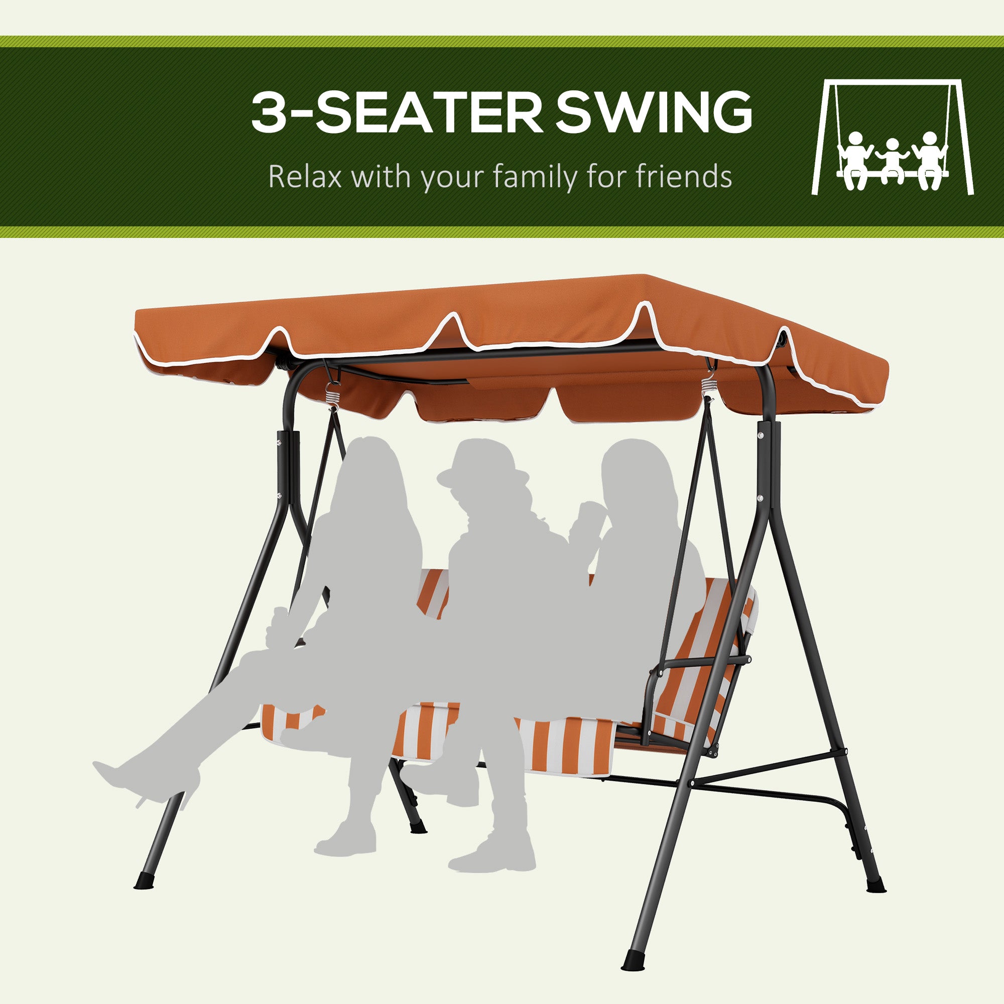 3-Seater Outdoor Porch Swing with Adjustable Canopy, Patio Swing Chair for Garden, Poolside, Backyard, Orange Patio Swings with Stand   at Gallery Canada