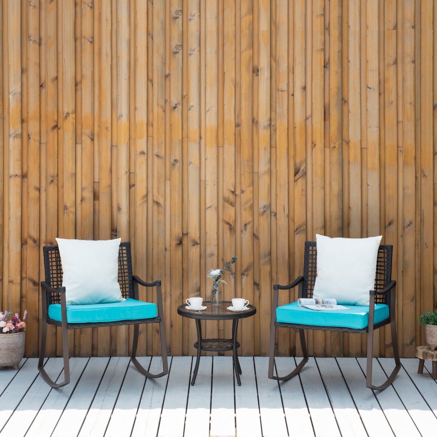 3-Piece Wicker Rocking Patio Set with Cushions, Pillows, Glass Table, Green Outdoor Rocking Chairs   at Gallery Canada