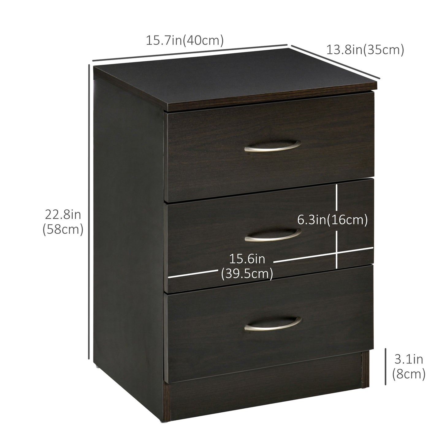 Bedside Table, Modern Night Stand with 3 Drawers and Metal Rail for Bedroom, Dark Brown Bedside Tables Dark Brown  at Gallery Canada