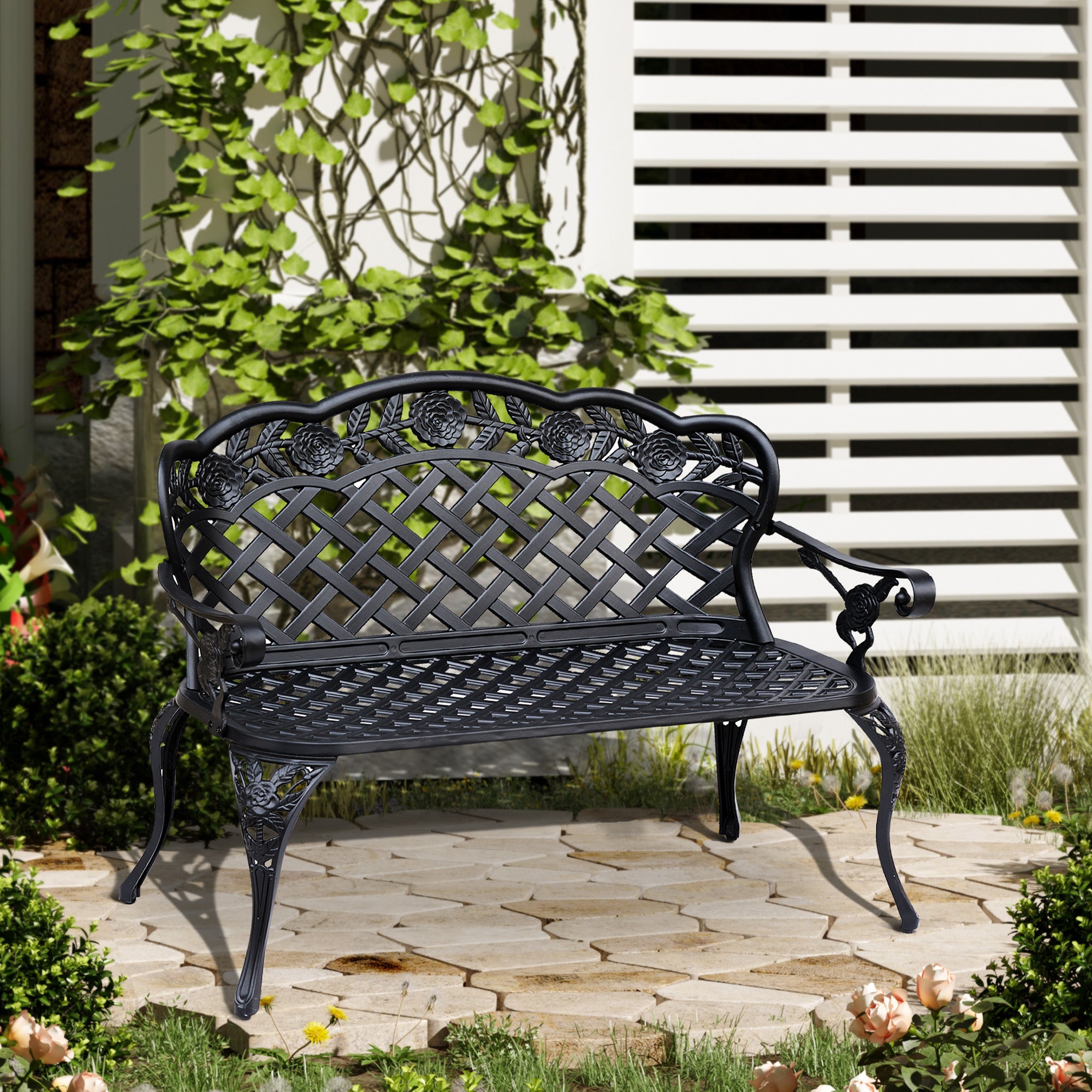 Metal Garden Bench, 2 Seater Outdoor Patio Loveseat with Armrest and Floral Scroll Backrest, 42.1