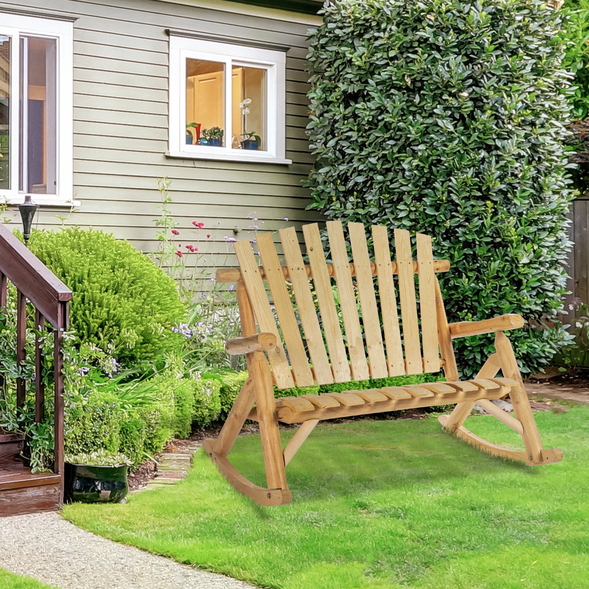 Wooden Adirondack Rocking Chair, Outdoor Rustic Double Rocking Chair with Slatted Design for 2 Persons, Suit for Garden, Balcony, Porch, Natural Wood Outdoor Rocking Chairs   at Gallery Canada