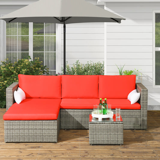 3pcs Modern Rattan Sofa Set, Wicker Patio Furniture Set with Coffee Table, Cushions, Pillows Patio Furniture Sets Red  at Gallery Canada