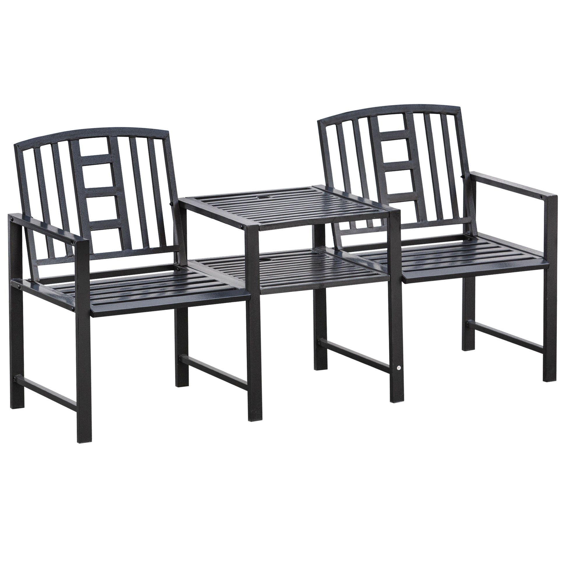 Steel Garden Bench w/ Middle Table, Umbrella Hole, Double Seat for Outdoor, Patio, Backyard Weather-Resistant Frame, Black Outdoor Benches Black  at Gallery Canada